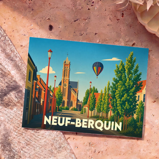 Carte postale souvenir de la ville de Neuf-Berquin avec une illustration stylisée d'une rue menant à l'église.