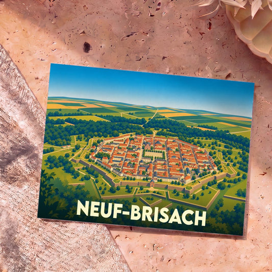 Carte postale souvenir de la ville de Neuf-Brisach avec une illustration stylisée vue du ciel.