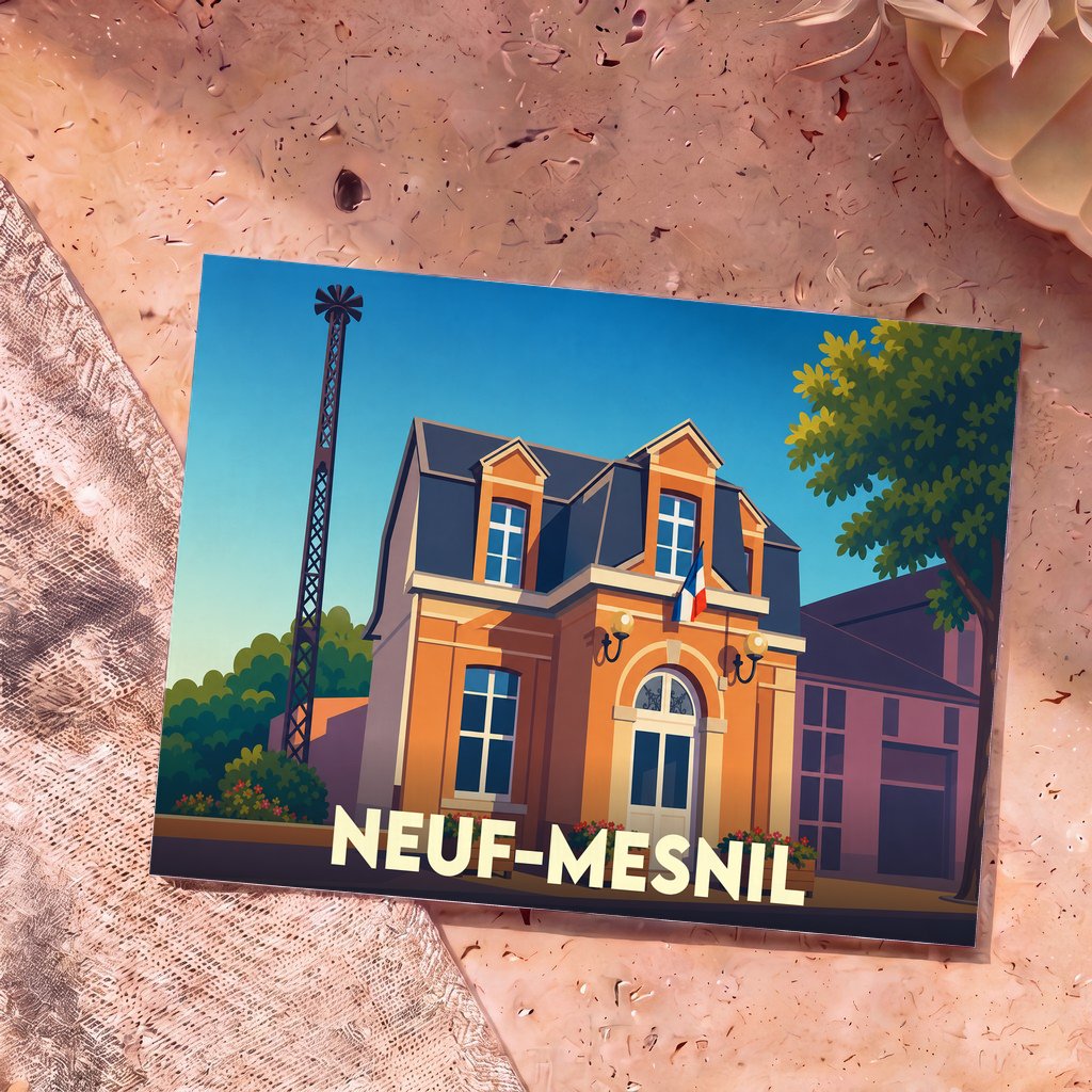Carte postale souvenir de la ville de Neuf-Mesnil illustrant sa mairie dans un style graphique épuré.