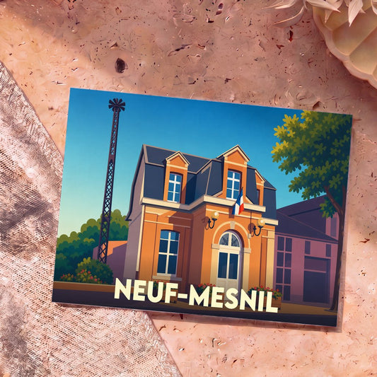 Carte postale souvenir de la ville de Neuf-Mesnil illustrant sa mairie dans un style graphique épuré.