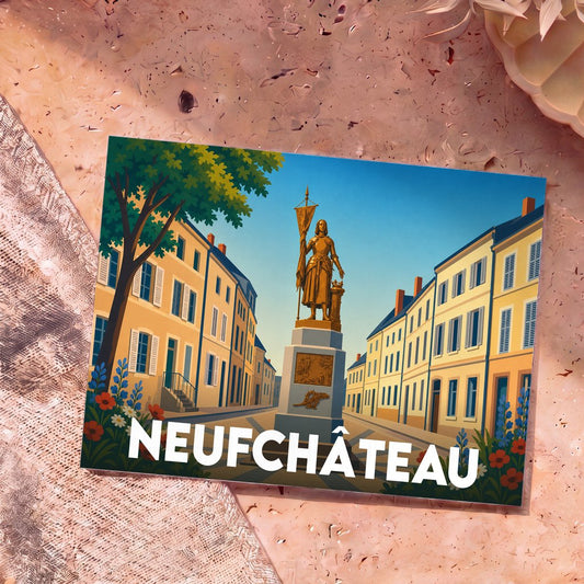 Carte postale souvenir de la ville de Neufchâteau illustrant une statue de Jeanne d'Arc sur une place ensoleillée.