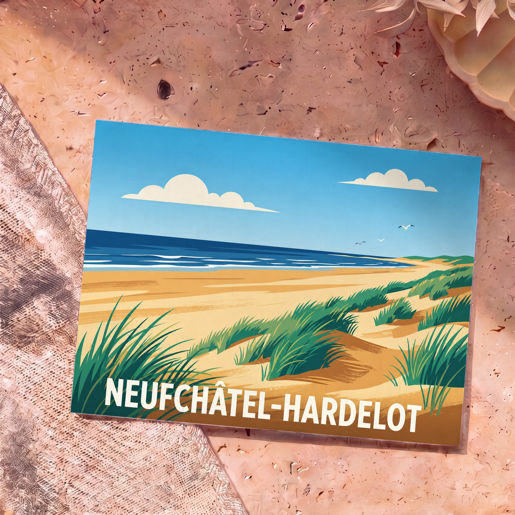 Carte postale souvenir de la ville de Neufchâtel-Hardelot avec une illustration stylisée de sa plage et de ses dunes.