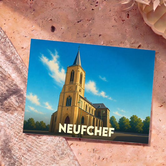 Carte postale souvenir de la ville de Neufchef illustrant son église dans un style graphique épuré.