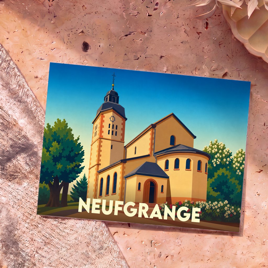 Carte postale souvenir de la ville de Neufgrange avec une illustration stylisée de son église.
