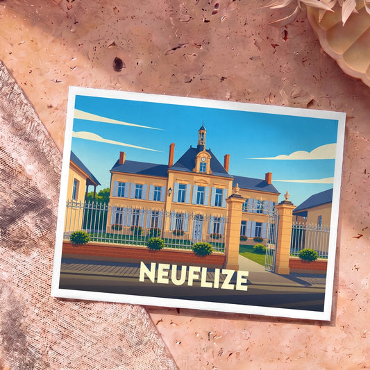 Carte postale souvenir de la ville de Neuflize avec une illustration stylisée de sa mairie.