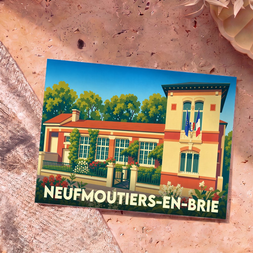 Carte postale souvenir de la ville de Neufmoutiers-en-Brie avec une illustration stylisée de sa mairie.