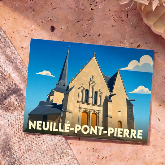 Carte postale souvenir de la ville de Neuillé-Pont-Pierre avec une illustration stylisée de son église sous un ciel bleu.