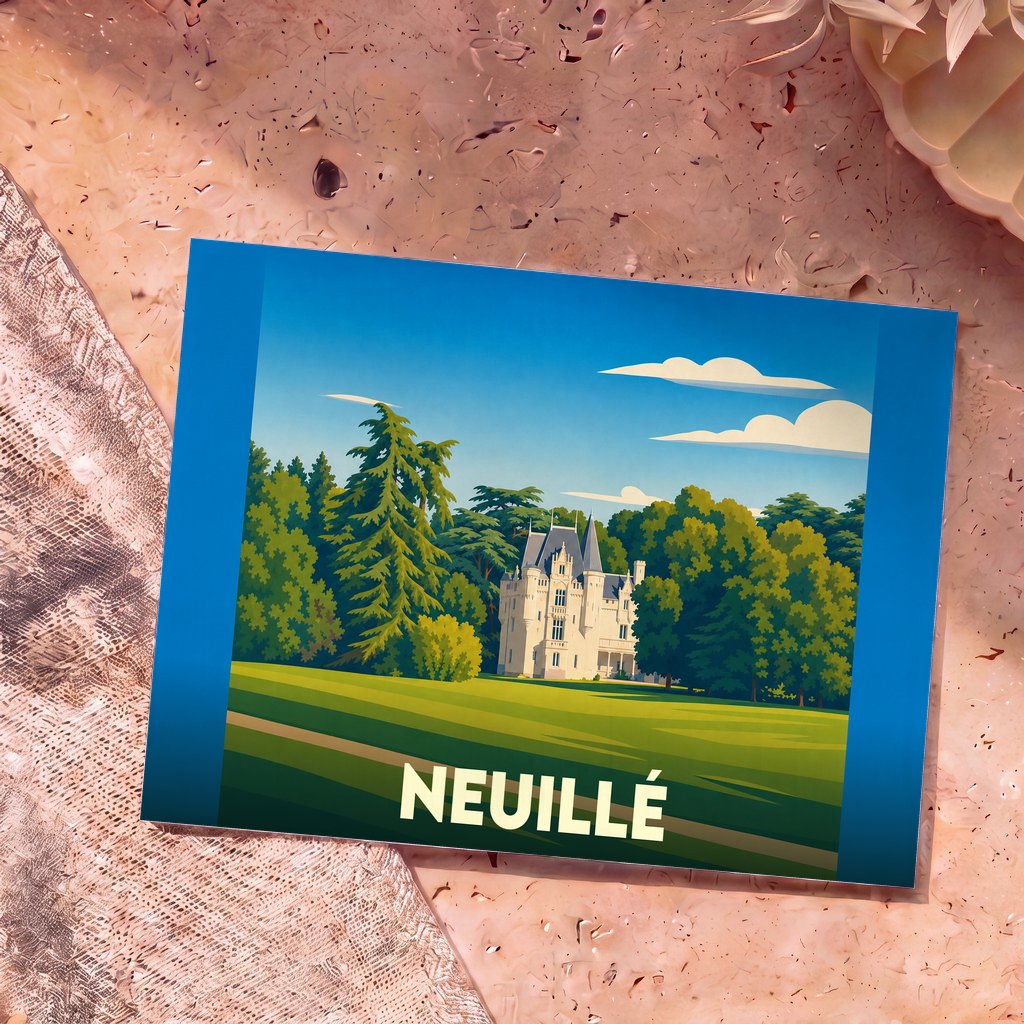 Carte postale souvenir de la ville de Neuillé avec une illustration stylisée d'un château entouré de verdure.