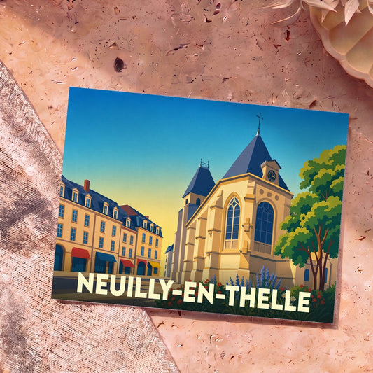 Carte postale souvenir de la ville de Neuilly-en-Thelle illustrant son église et ses bâtiments typiques dans un style graphique épuré.