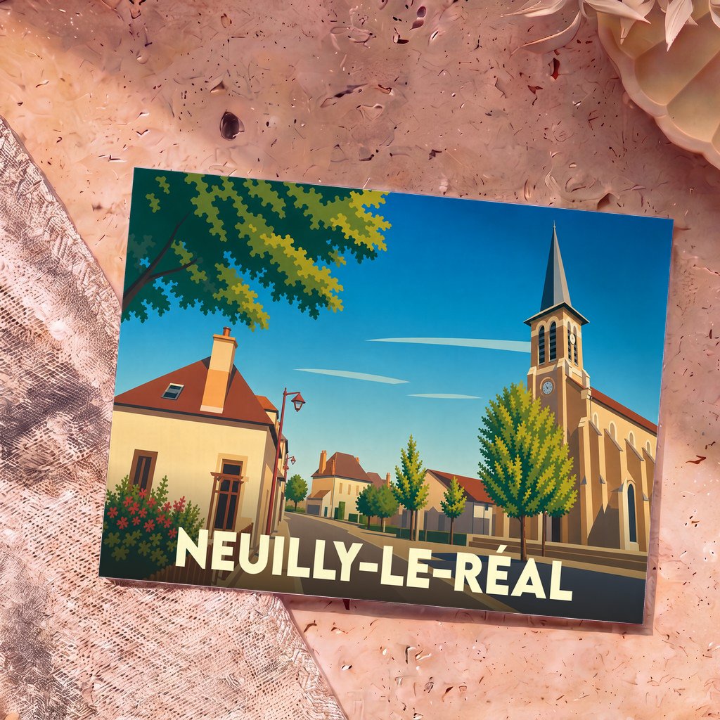 Carte postale souvenir de la ville de Neuilly-le-Réal arborant une illustration stylisée et colorée de son centre-ville.