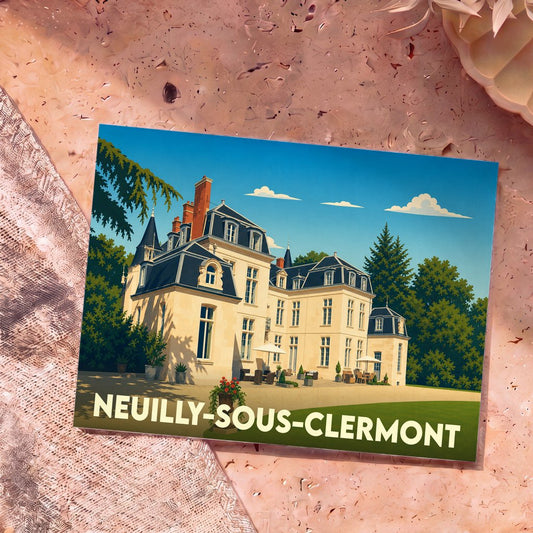 Carte postale souvenir de la ville de Neuilly-sous-Clermont avec une illustration stylisée d'un château.