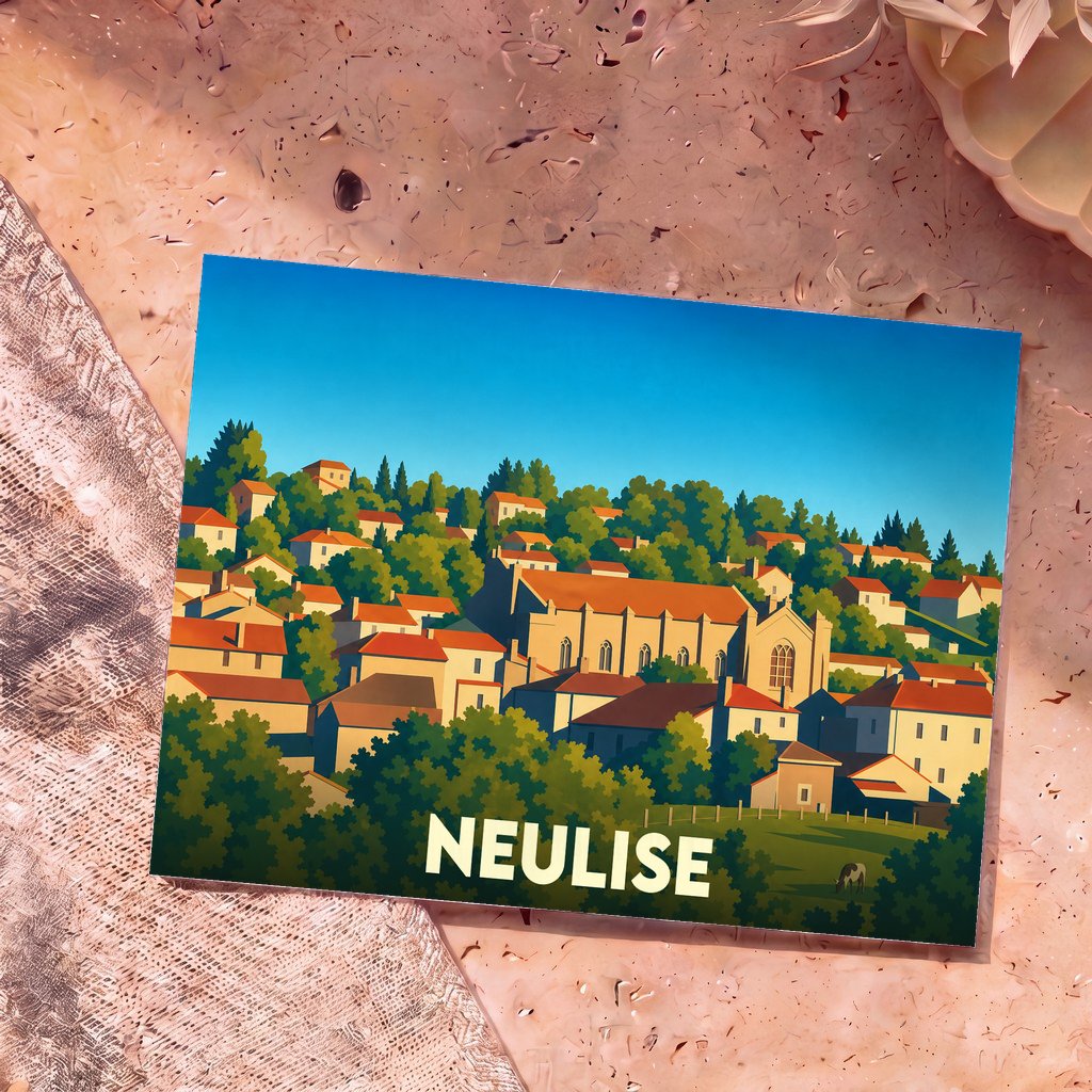 Carte postale souvenir de la ville de Neulise avec une illustration stylisée et colorée du village.