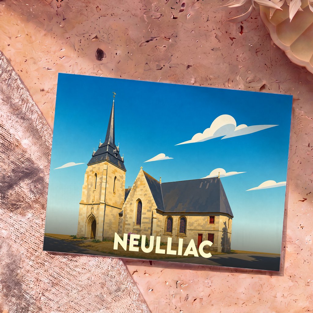 Carte postale souvenir de la ville de Neulliac illustrant son église dans un style graphique et épuré.