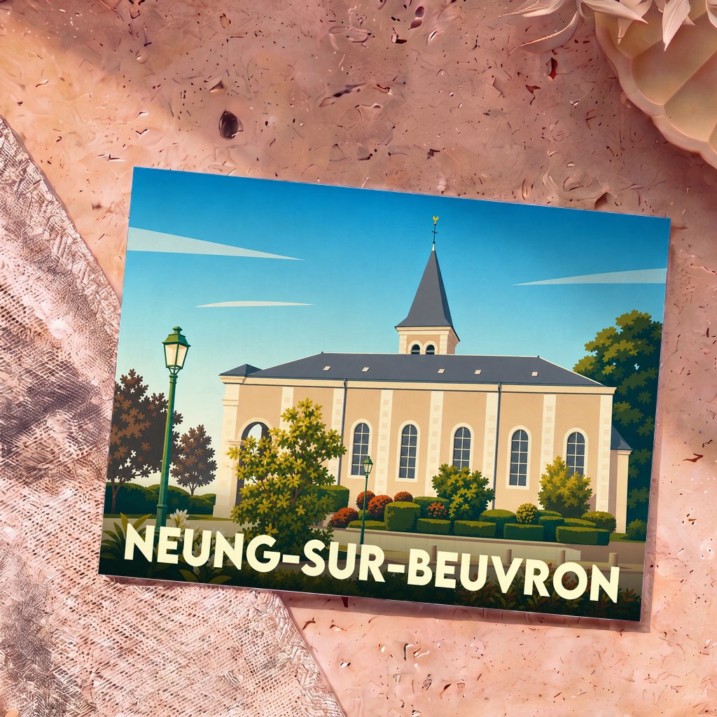 Carte postale souvenir de Neung-sur-Beuvron représentant l'église de la ville dans un style graphique épuré.