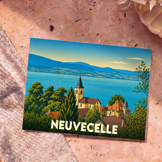 Carte postale souvenir de la ville de Neuvecelle avec une illustration stylisée d'un village côtier bordant un lac.