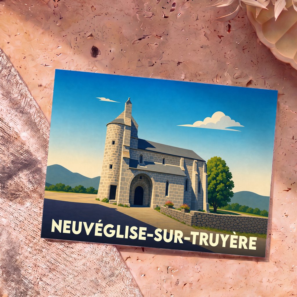 Carte postale souvenir de Neuvéglise-sur-Truyère représentant une église en pierre dans un style graphique épuré.