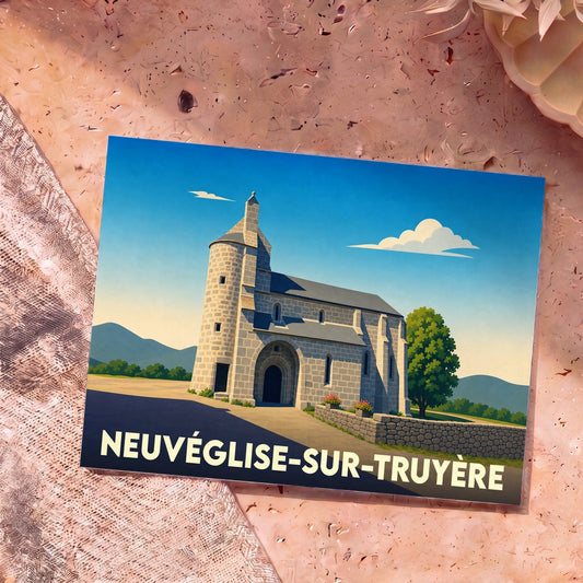 Carte postale souvenir de Neuvéglise-sur-Truyère représentant une église en pierre dans un style graphique épuré.