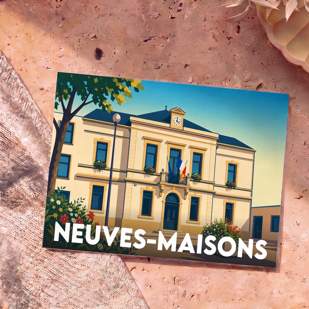 Carte postale souvenir de la ville de Neuves-Maisons avec une illustration stylisée de son hôtel de ville.