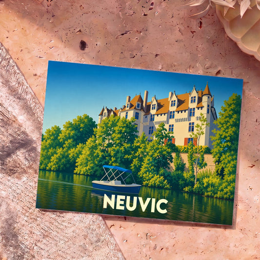 Carte postale souvenir de la ville de Neuvic illustrant son château au bord de l'eau.