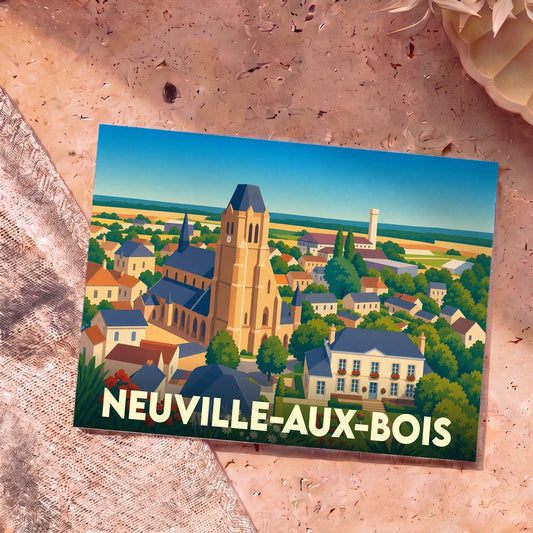 Carte postale souvenir de la ville de Neuville-aux-Bois avec une illustration colorée de son église et de ses maisons.