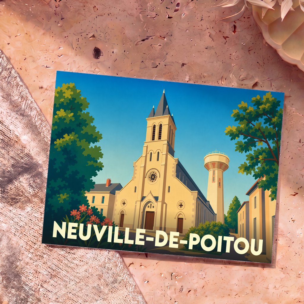 Carte postale souvenir de la ville de Neuville-de-Poitou avec une illustration stylisée de son église et de son château d'eau.