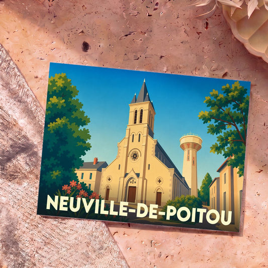 Carte postale souvenir de la ville de Neuville-de-Poitou avec une illustration stylisée de son église et de son château d'eau.