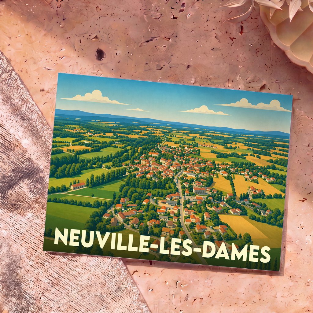 Carte postale souvenir de la ville de Neuville-les-Dames avec une illustration aérienne et colorée de la commune.