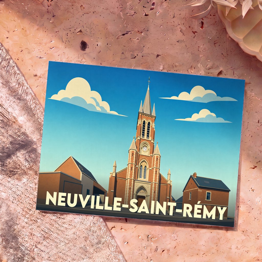 Carte postale souvenir de la ville de Neuville-Saint-Rémy avec une illustration stylisée de son église.