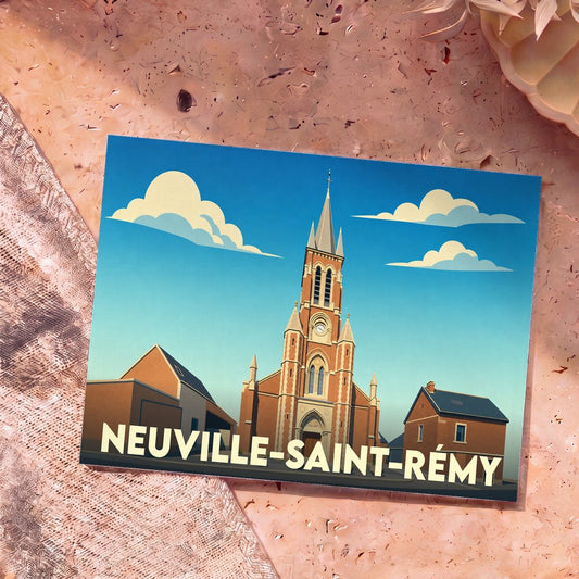 Carte postale souvenir de la ville de Neuville-Saint-Rémy avec une illustration stylisée de son église.