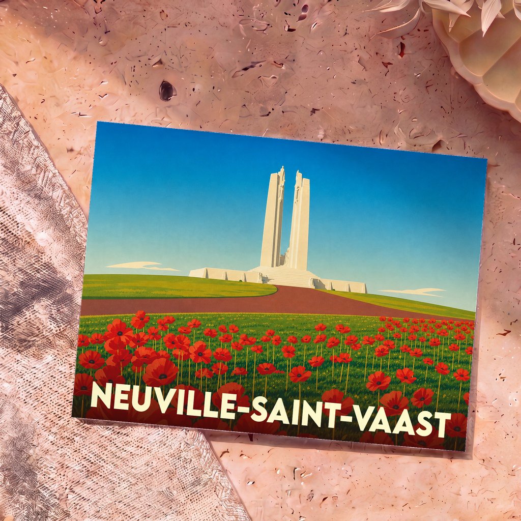 Carte postale souvenir de Neuville-Saint-Vaast représentant le mémorial de Vimy au-dessus d'un champ de coquelicots.