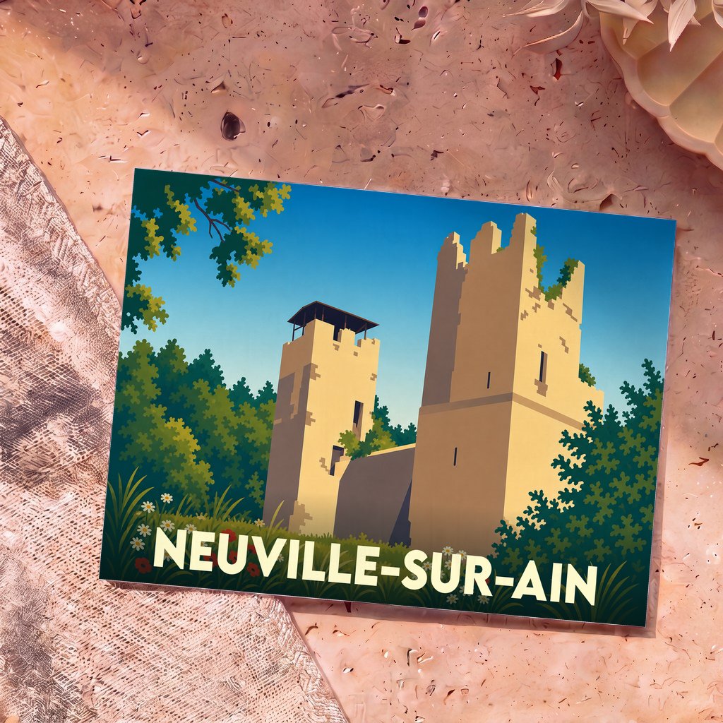 Carte postale souvenir de la ville de Neuville-sur-Ain avec une illustration stylisée de son château médiéval.