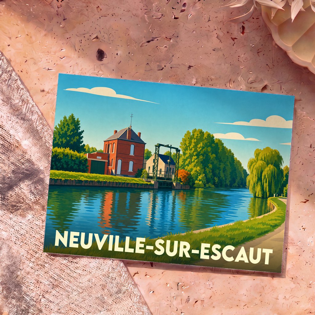 Carte postale souvenir de la ville de Neuville-sur-Escaut avec une illustration stylisée d'un canal et d'une écluse.