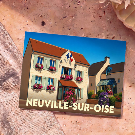 Carte postale souvenir de Neuville-sur-Oise avec une illustration colorée de sa mairie fleurie.
