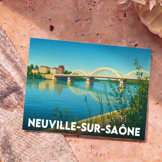 Carte postale souvenir de la ville de Neuville-sur-Saône avec une illustration stylisée du pont et de la rivière.