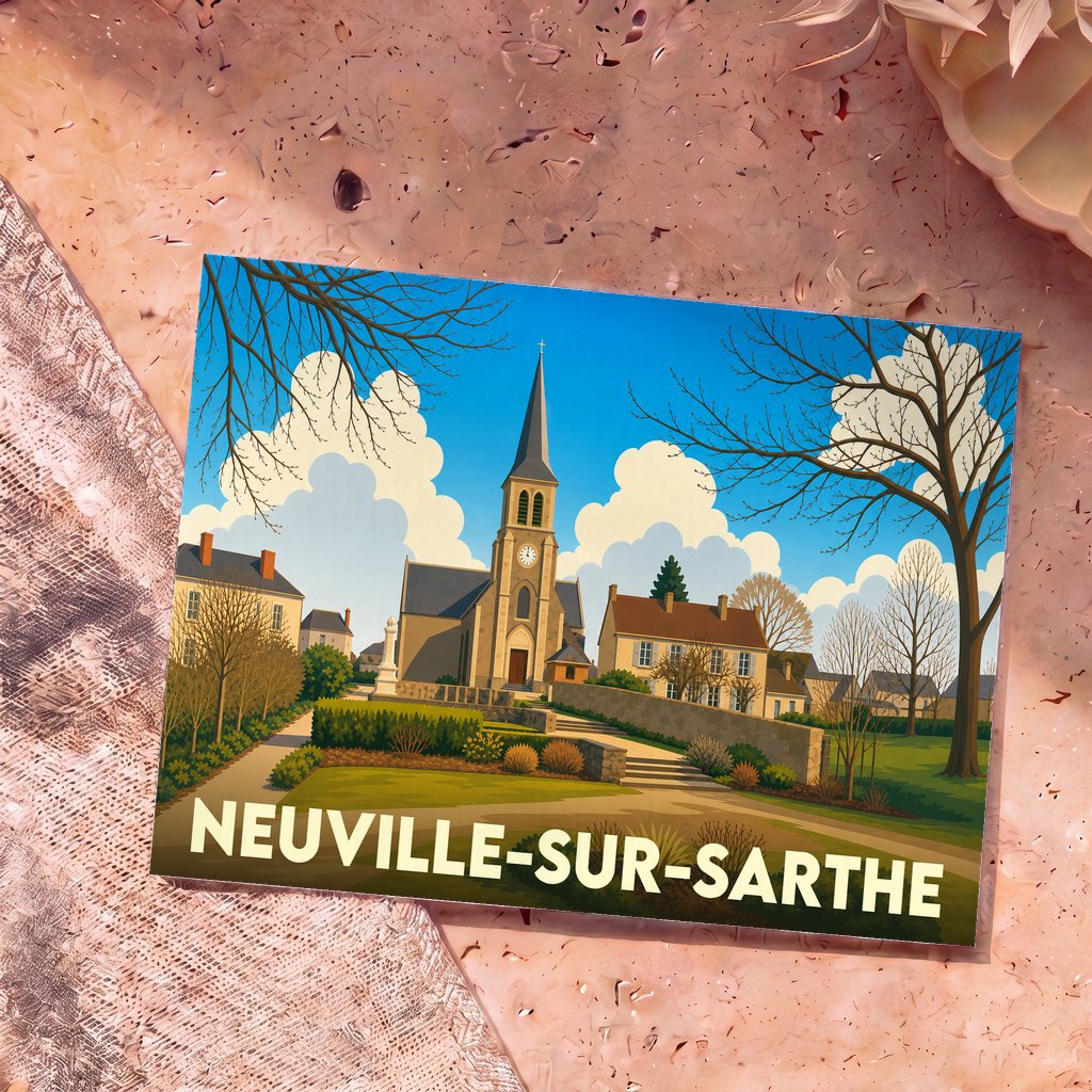 Carte postale souvenir de la ville de Neuville-sur-Sarthe avec une illustration stylisée de son église et de ses environs.