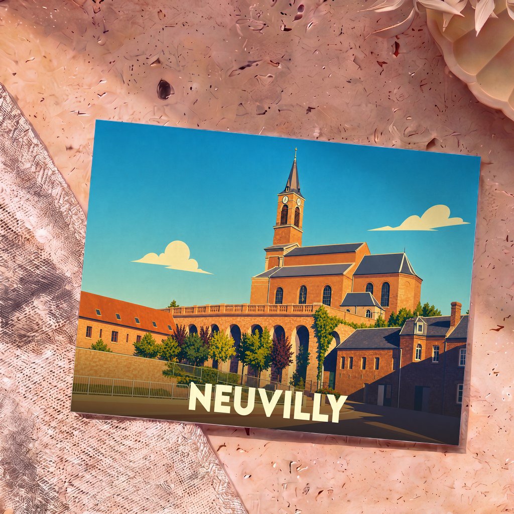 Carte postale souvenir de la ville de Neuvilly avec une illustration stylisée de son église et de son viaduc.