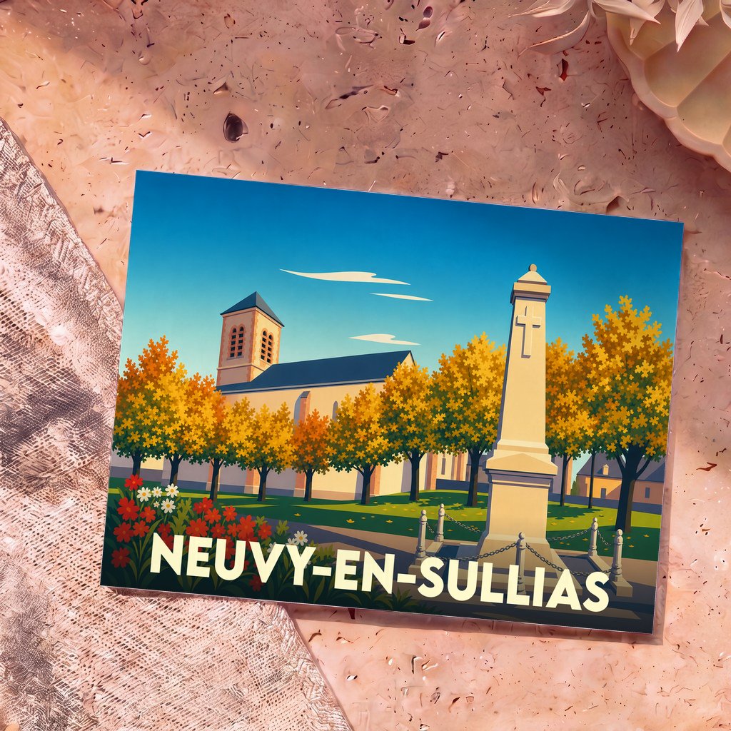 Carte postale souvenir de la ville de Neuvy-en-Sullias avec une illustration stylisée d'une église et de son monument aux morts sous un feuillage d'automne.