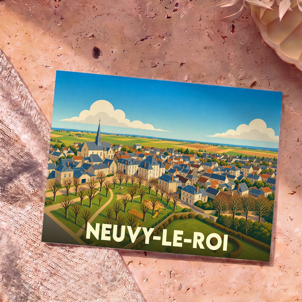 Carte postale souvenir de la ville de Neuvy-le-Roi avec une illustration panoramique et stylisée.