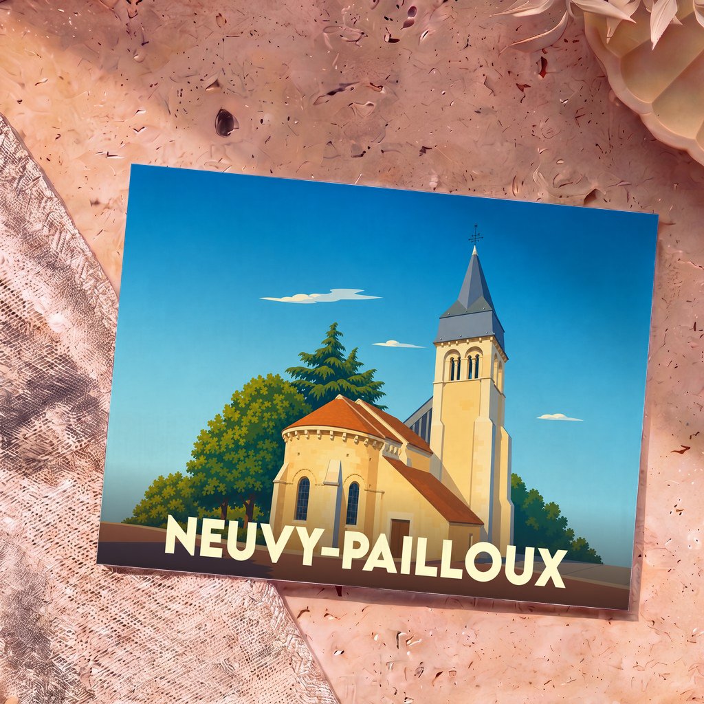 Carte postale souvenir de la ville de Neuvy-Pailloux avec une illustration stylisée de son église.