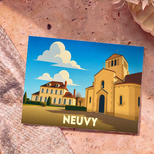 Carte postale souvenir de la ville de Neuvy avec une illustration stylisée d'une église et d'une maison traditionnelle.