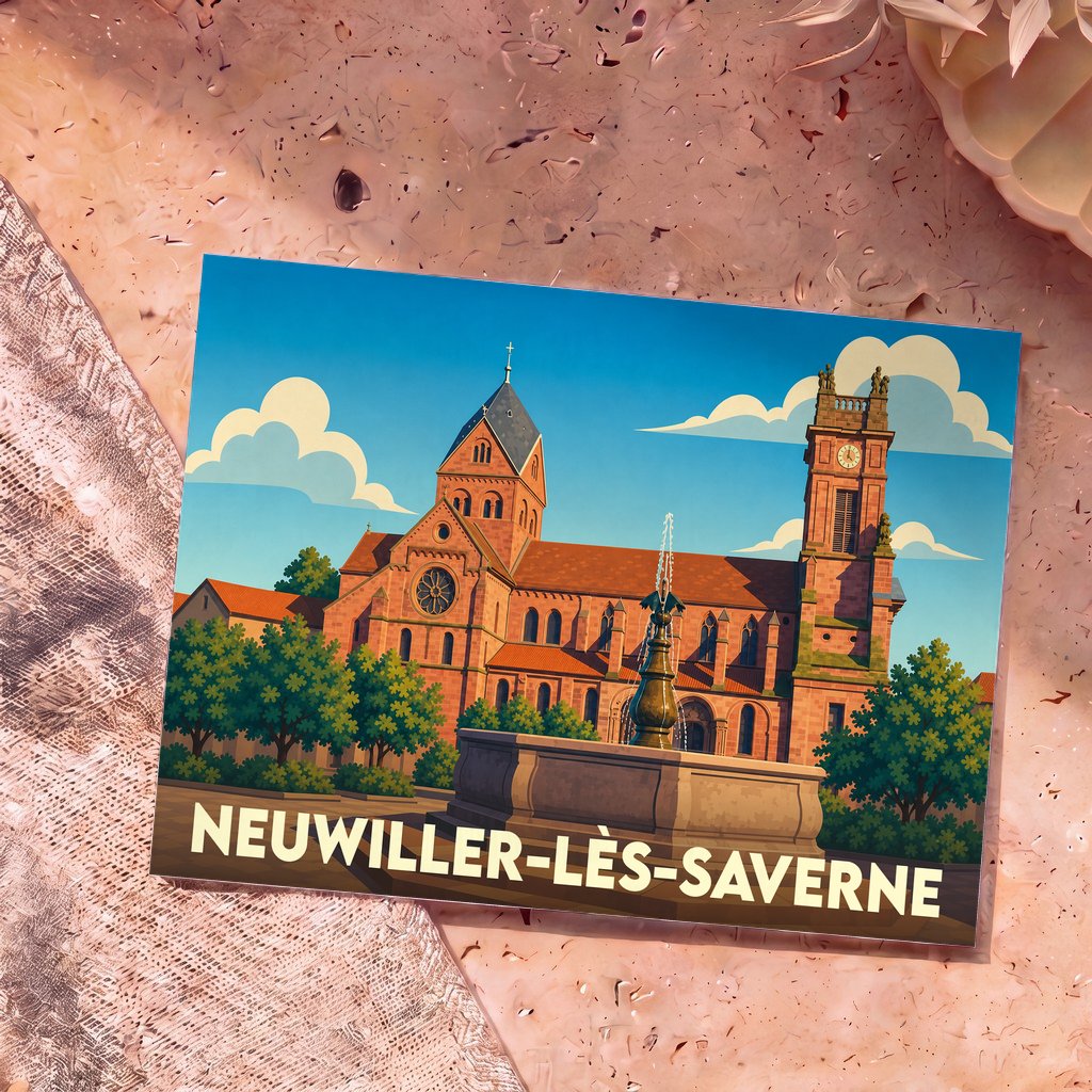 Carte postale souvenir de la ville de Neuwiller-lès-Saverne avec une illustration colorée de l'abbatiale et d'une fontaine.