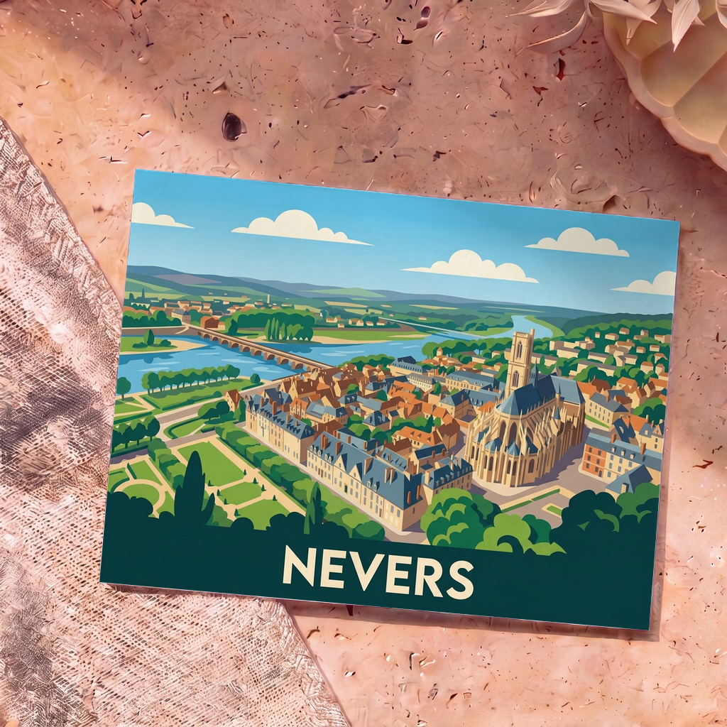 Carte postale souvenir de la ville de Nevers avec une illustration stylisée vue du ciel.