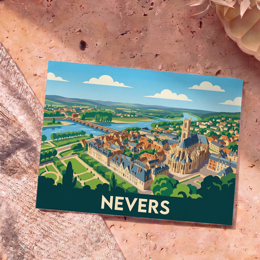 Carte postale souvenir de la ville de Nevers avec une illustration stylisée vue du ciel.
