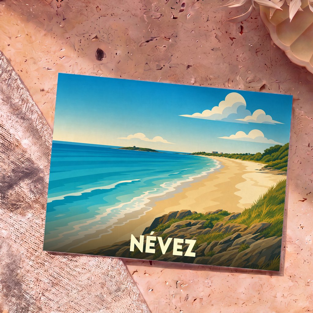 Carte postale souvenir de la ville de Névez avec une illustration stylisée de sa plage et du littoral.