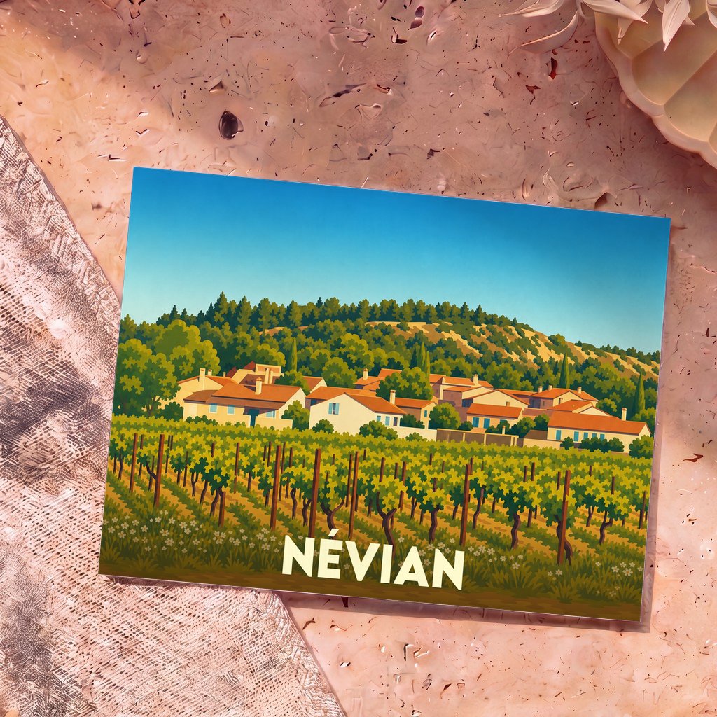 Carte postale souvenir de la ville de Névian avec une illustration stylisée d'un vignoble et d'un village ensoleillé.