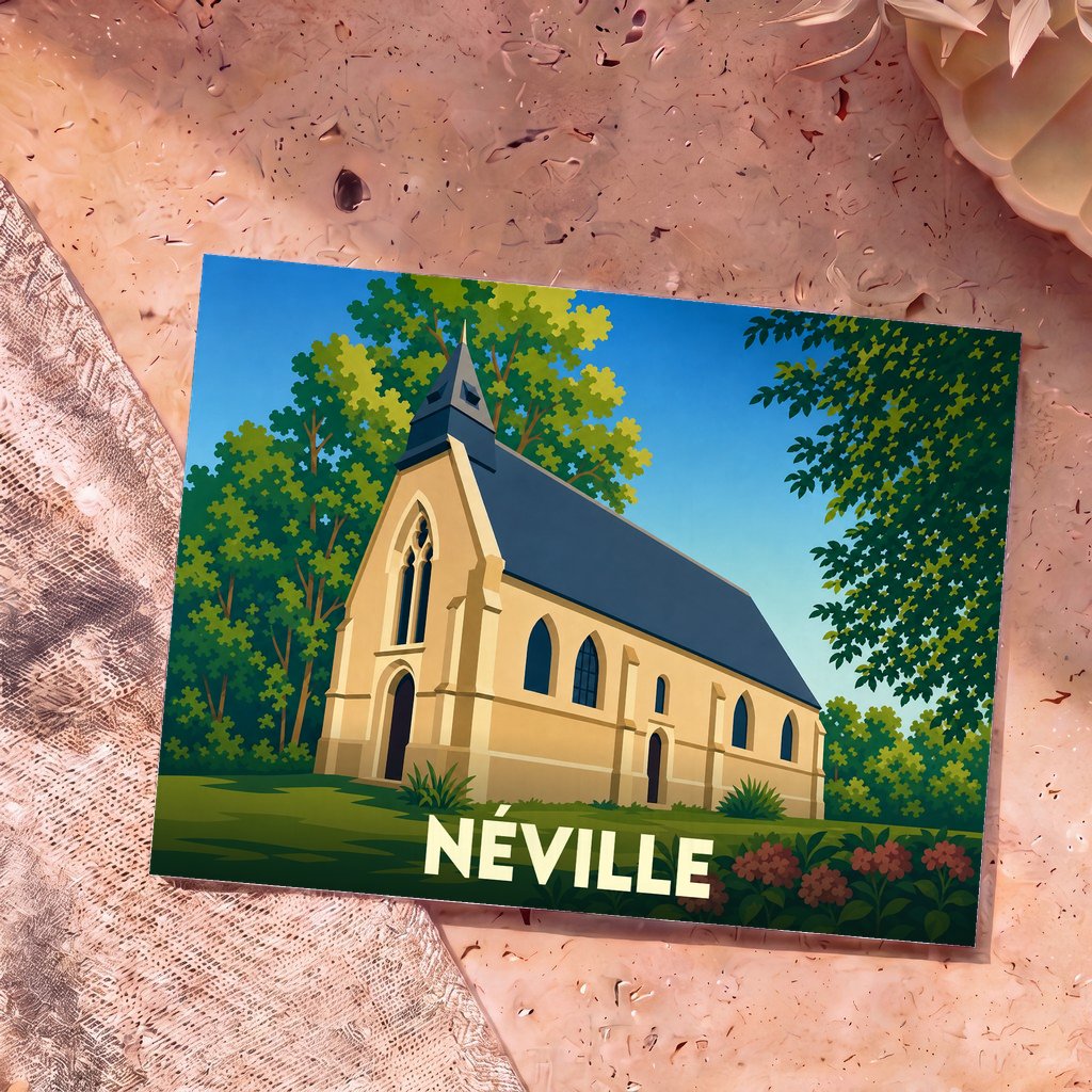 Carte postale souvenir de la ville de Néville avec une illustration stylisée de son église entourée de verdure.