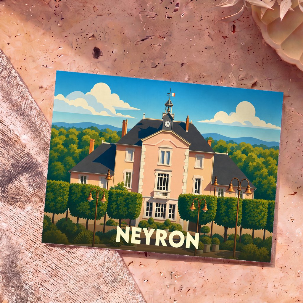 Carte postale souvenir de la ville de Neyron représentant une illustration stylisée de sa mairie.