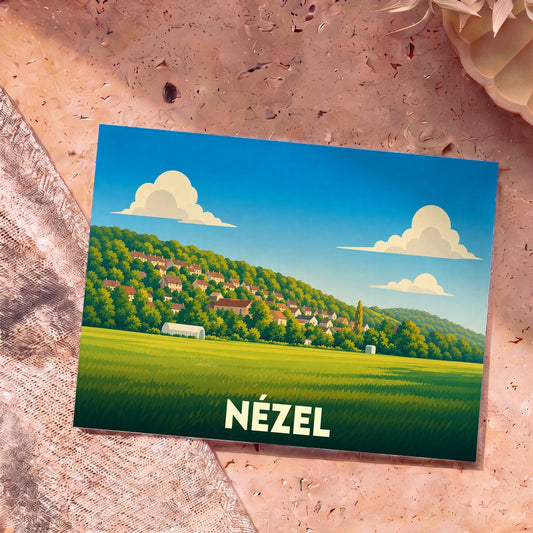 Carte postale souvenir de la ville de Nézel avec une illustration stylisée d'un village vallonné.