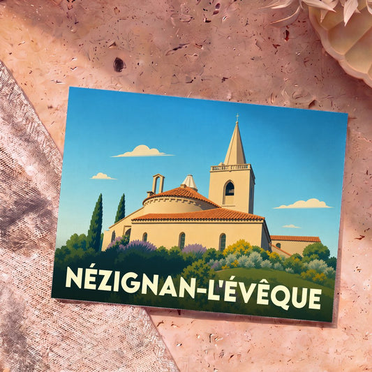 Carte postale souvenir de Nézignan-l'Évêque avec une illustration stylisée de son église sous un ciel bleu.