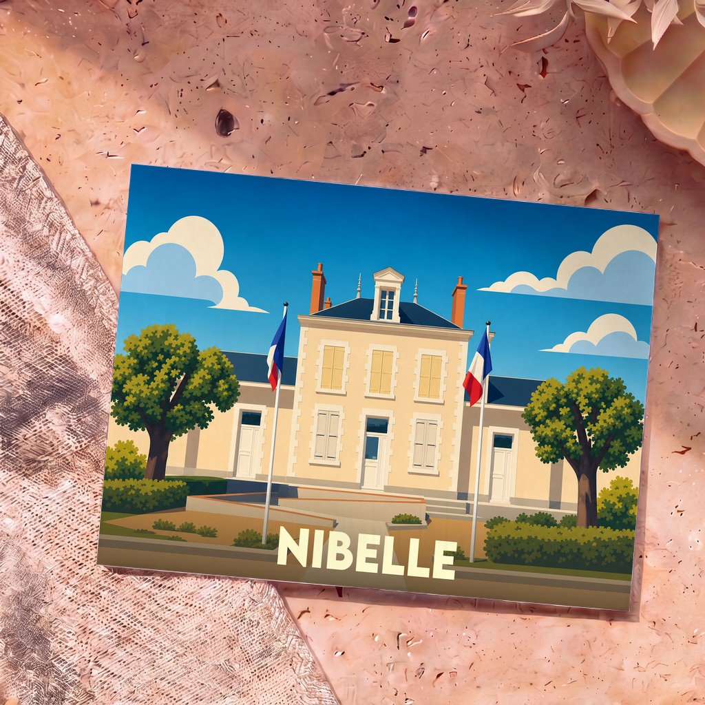 Carte postale souvenir de la ville de Nibelle illustrant la mairie avec des drapeaux français.